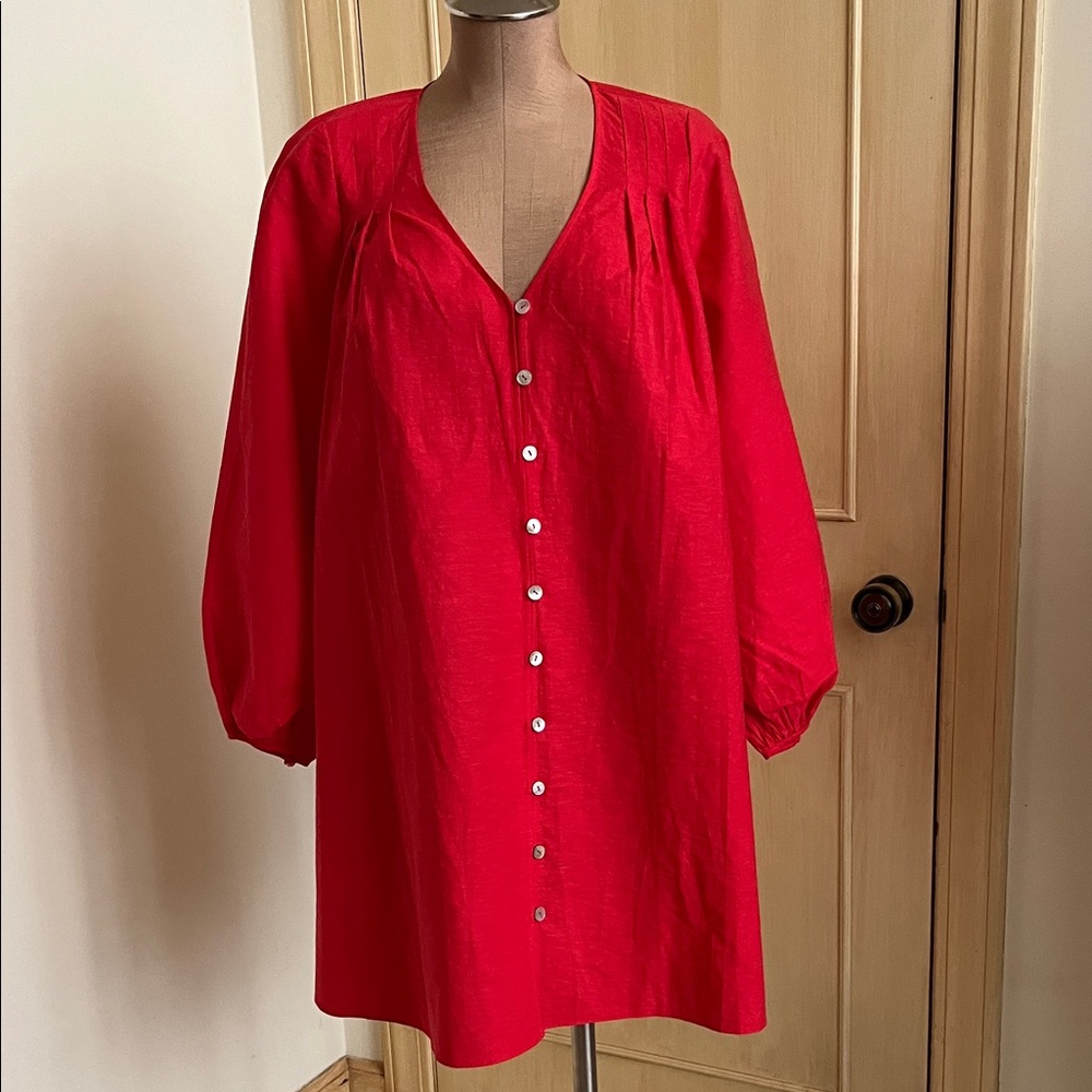& OTHER STORIES Party Relaxed Linen Button V-Neck A-Line L. SLV Red Mini Dress S
